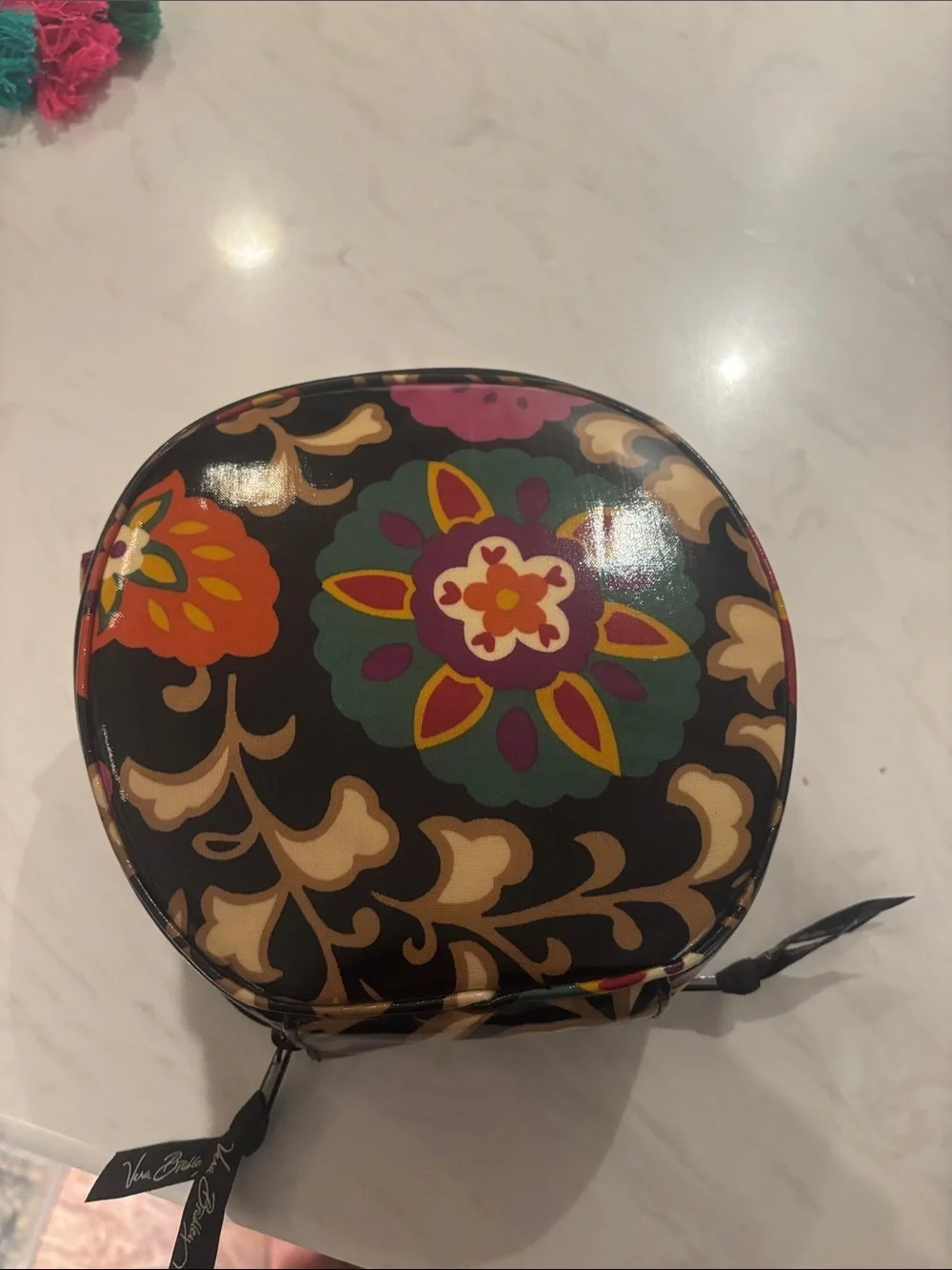Vera Bradley Floral Pattern Round Cosmetic Bag in Black and Purple